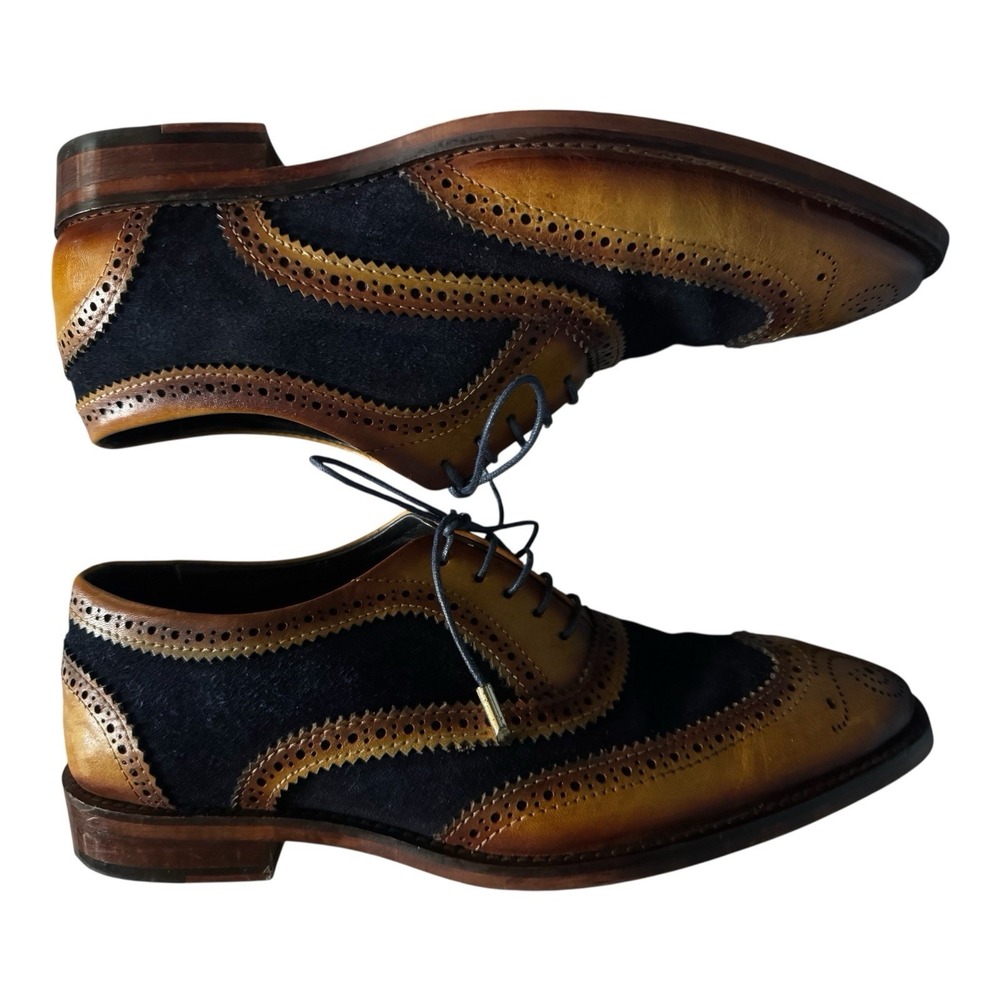 Lethato Wing Tip Oxford Brogue Shoes Men 9.5/10 Brown Navy Leather Lace Up - Picture 2 of 11